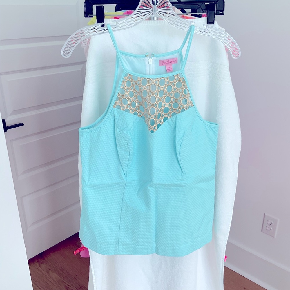 Lilly Pulitzer Aqua Top with Gold Circle Design